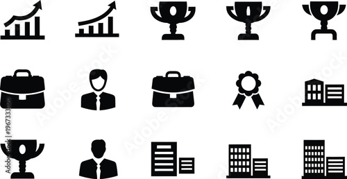 Vector set representing business success, financial growth, professional achievement, and corporate development