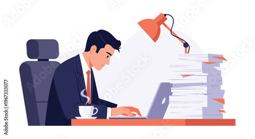 Dedicated businessman working on his laptop at a desk with a warm lamp and a massive stack of paperwork and documents.
