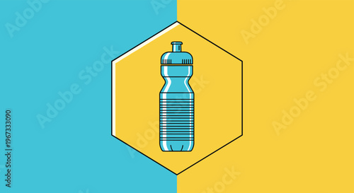 Blue reusable sports water bottle icon centered within a yellow hexagon on a split blue and yellow background design.