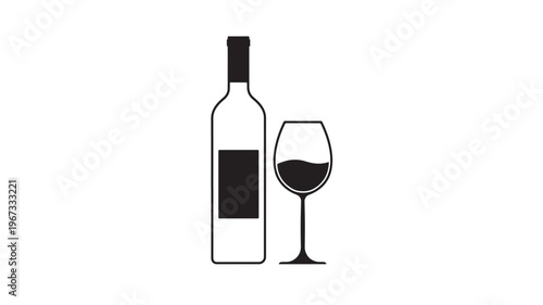 Bottle of wine with glass of wine, minimalist icon representing alcoholic beverage and drinking featuring alcohol, drink, liquid with celebration and