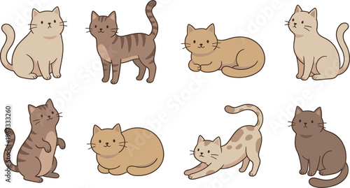 Cute Cat Characters Collection in Various Poses and Colors for Pet, Animal, and Cartoon Designs