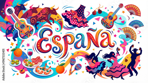 Typical Elements of Spanish Gastronomy and Folklore in Vector Style