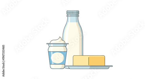 Simple vector illustration of common dairy products featuring a bottle of milk a container of yogurt and a block of butter.