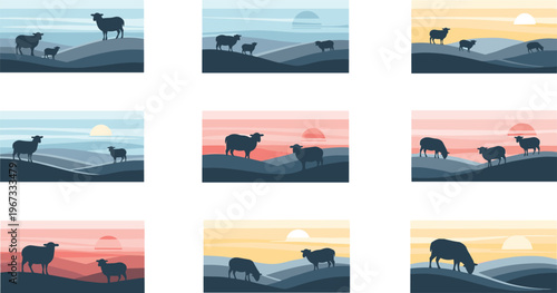 Sheep silhouettes grazing on rolling hills with sunrise and sunset landscapes, minimalist pastoral countryside vector illustration collection set