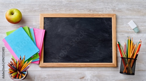 School Supplies and Tools on a Wooden Desk With Colored Papers and Pencils