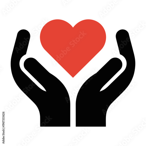 Vector depicting two black hands gently holding a red heart symbolizing care and compassion