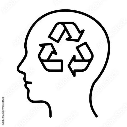 Vector of a human head outlining a recycling symbol inside the brain area