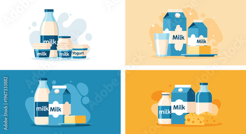 Four different layouts of fresh dairy products including milk bottles cartons cheese and yogurt on colorful backgrounds.
