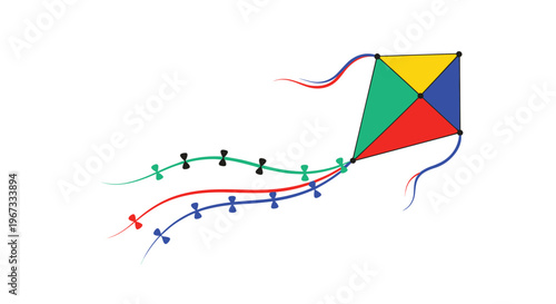 Traditional multi colored diamond shaped kite with a long tail and bows flying high against a plain white background.