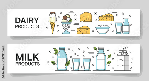 Two horizontal banners for dairy and milk products featuring line art icons of cheese ice cream yogurt and milk glasses.