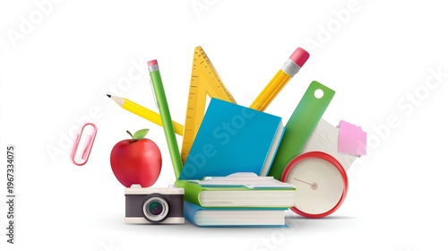 School Supplies and Items Arranged on a Plain Background for a Learning Theme