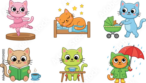 Cute Cat Characters Collection in Various Activities Including Ballet, Sleeping, Reading, and Playing with Umbrella for Pet, Animal, and Cartoon Designs