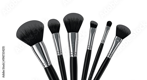 Collection of six professional makeup brushes with black handles and silver ferrules isolated on a plain white background.