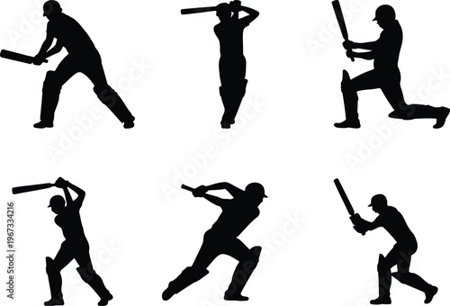 Cricket player silhouettes in action with six diverse black silhouettes represen