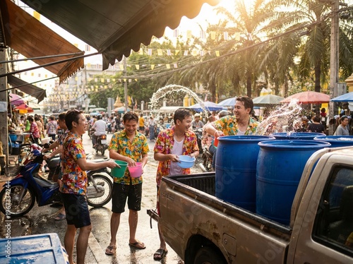 Joyful Water Festival Celebration with Friends on a Busy Street