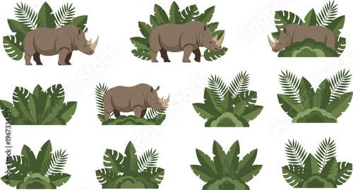 Rhinoceros with tropical jungle leaves vector illustration set featuring wildlife animal silhouettes and decorative botanical foliage elements collection