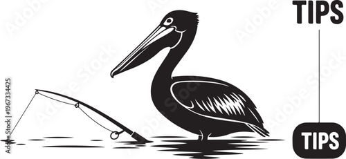 Black and white pelican standing in water with fishing rod and hook