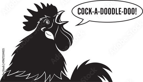 Black and white rooster says cock a doodle doo cartoon