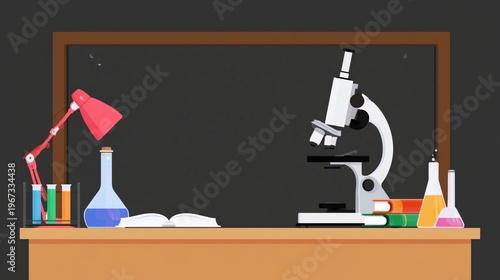 Science Lab Setup With Microscope, Beakers, and Books on Wooden Table During ...