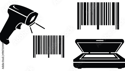 Barcode scanner and codes on a laptop computer screen illustration