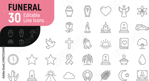 A set of 30 editable line icons related to funeral and mourning
