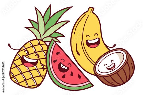 A vibrant collection of smiling tropical cartoon fruits including pineapple, watermelon, mango, coconut, and banana, bold outlines, bright summer colors, flat vector design, sticker style, white icon