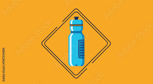 Blue reusable sports water bottle depicted inside a black diamond frame set against a vibrant solid orange background.