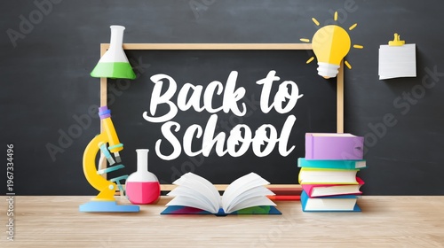 Back to School Setup With Books, Tools, and a Chalkboard in a Classroom