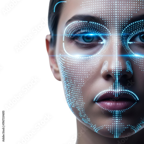 A futuristic woman with facial recognition technology scan lines on her face