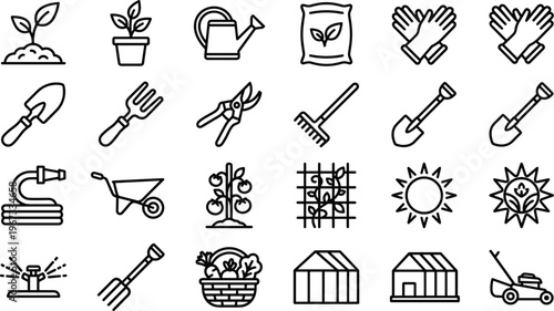A set of black line icons depicting various gardening tools and elements