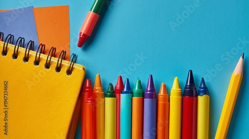 Bright Colors and School Supplies on a Blue Surface Ready for Creative Work