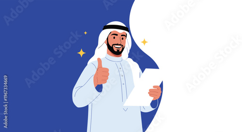 Smiling Arab man wearing a white thobe and keffiyeh holding a document and giving a positive thumbs up gesture.