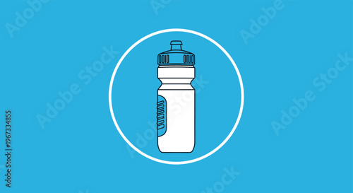 Clean white sports water bottle with a grey cap centered inside a white circle outline against a bright blue background.