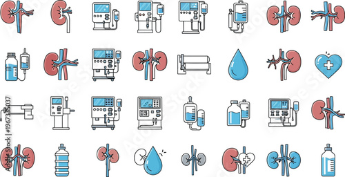 Kidney dialysis icons collection vector.