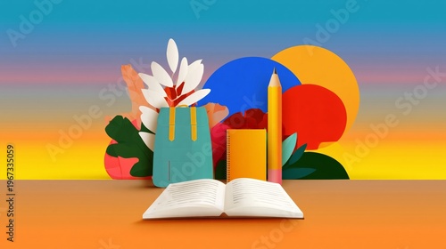 Bright Backpack and School Supplies on Colorful Background in a Study Setup D...