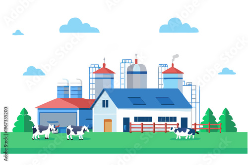 Industrial factory complex with grazing cows in a rural landscape