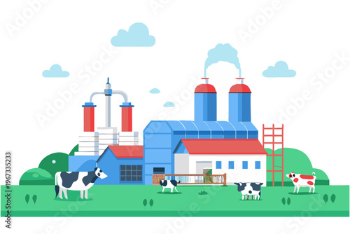 Cartoon illustration of a dairy farm with a factory and grazing cows