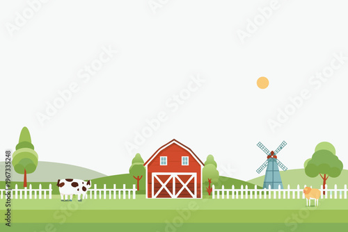 A charming farm scene featuring red barns animals and a windmill