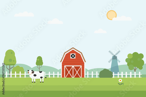 A serene countryside scene featuring a red barn cow and windmill