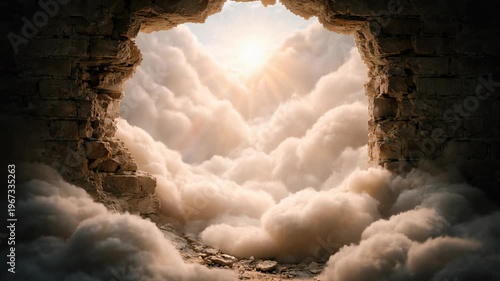 clouds emerging from a broken wall with sunlight shining through