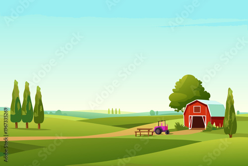 A bright cartoon illustration of a rural farm landscape with buildings