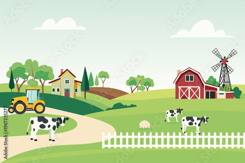 Peaceful countryside scene depicting a charming farm with livestock and buildings