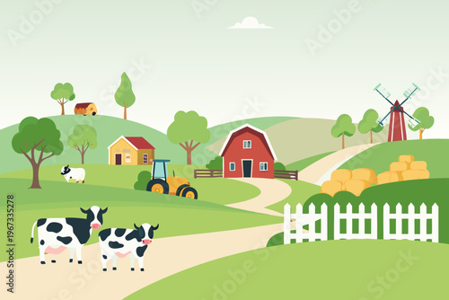 Idyllic farm scene with barn cows and rolling green hills