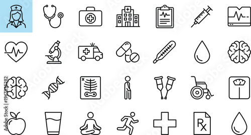 A collection of black line icons related to medical and healthcare