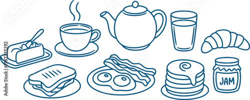 Breakfast food set, outline doodle collection, eggs, toast, pancakes, fruits, coffee, hand drawn breakfast items, vector illustration isolated