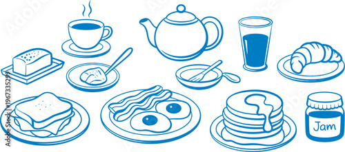 Breakfast food set, outline sketch, hand drawn eggs, toast, pancakes, fruits, coffee, and breakfast items, vector illustration isolated