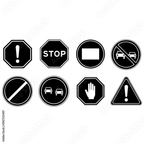 Set of international traffic and road safety signs including stop warning and prohibition symbols in solid black circle and octagon shapes for driver education and city transportation design.