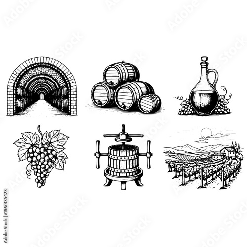Vintage engraving style collection of wine making elements including grapes wooden barrels wine press bottle and vineyard landscape for winery branding and alcoholic beverage industry design.