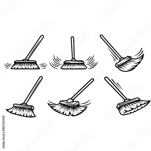 Collection of various broom sweeping action poses and cleaning equipment icons in detailed vintage engraving style for housekeeping maintenance and home cleaning service vector graphic designs.