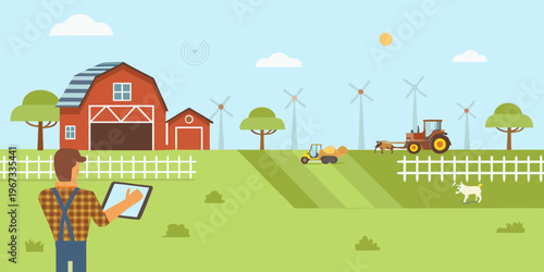 Modern farm scene with a farmer using a digital tablet outdoors